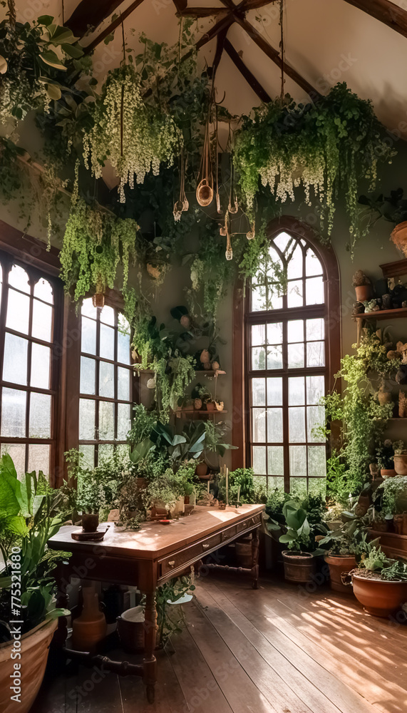 old house with huge windows and many plants