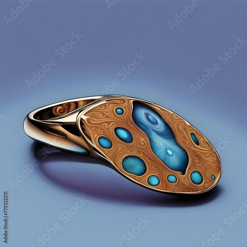 Abstract Blue and Brown Patterned Gold Ring