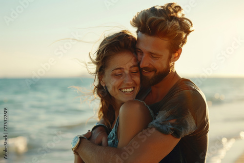 A man and woman are hugging on the beach and the woman is smiling