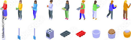 Woman cupcakes icons set isometric vector. Food dessert. Sweet bake