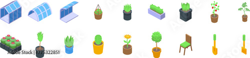 Greenhouse interior icons set isometric vector. Winter garden. Cultivation growing