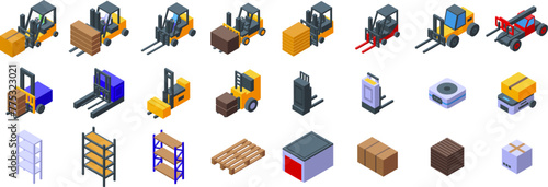 Forklift holding box icons set isometric vector. Warehouse worker. Storage lift