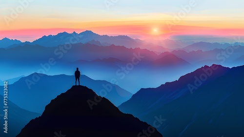 Solo Adventurer on Mountain Peak at Sunrise. Serene Landscape  Travel Inspiration. Beautiful Nature Scenery  Peaceful Morning Hike. Outdoor Exploration. AI