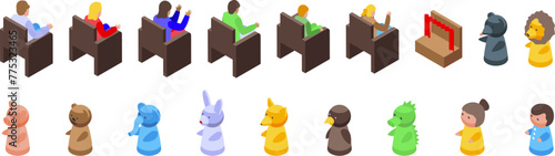Puppets show icons set isometric vector. Adult theatre. Children watching