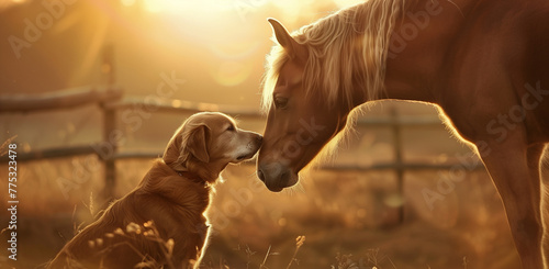 Dog and horse touching noses at sunset.