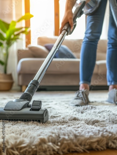 Person cleaning carpet with modern vacuum cleaner - An individual tidily vacuums a plush carpet, showcasing a routine cleaning day with contemporary equipment photo