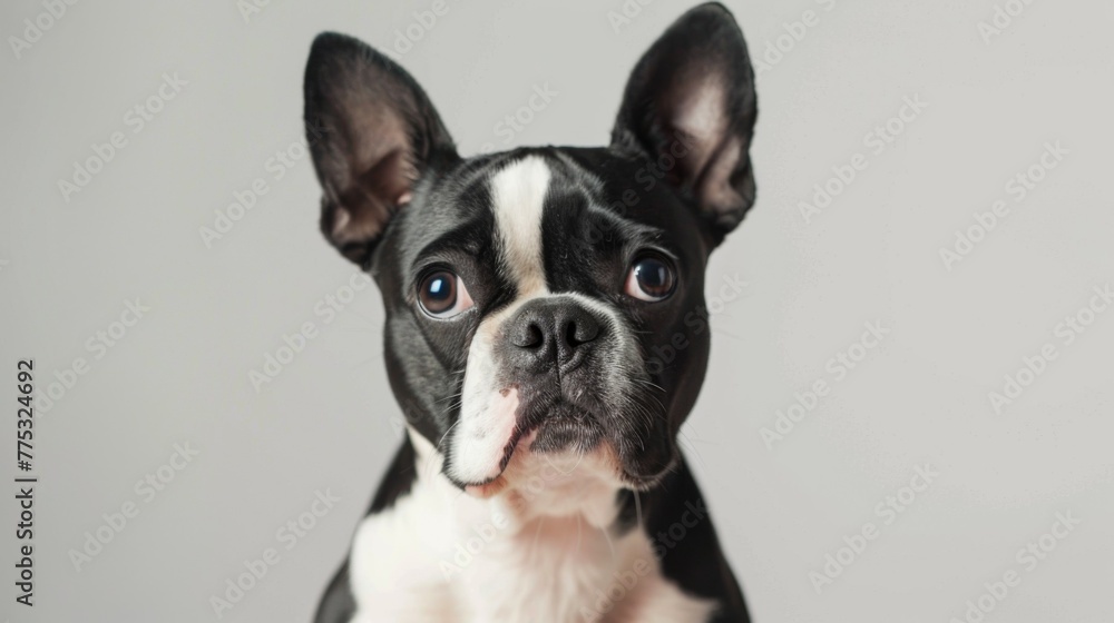 Close-up portrait of a Boston Terrier dog with expressive eyes and perky ears in a studio setting