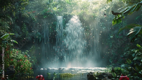 Amazon rainforest biodiversity  waterfall, rare birds in flight, nature s symphony in lush jungle © RECARTFRAME CH