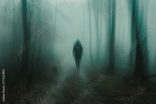 A dark silhouette stands out against a washed-out backdrop of trees and fog, giving an impression of isolation and mystery in the scene photo