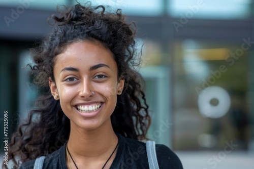 A smiling young woman with curly hair and backpack standing in an urban setting photo