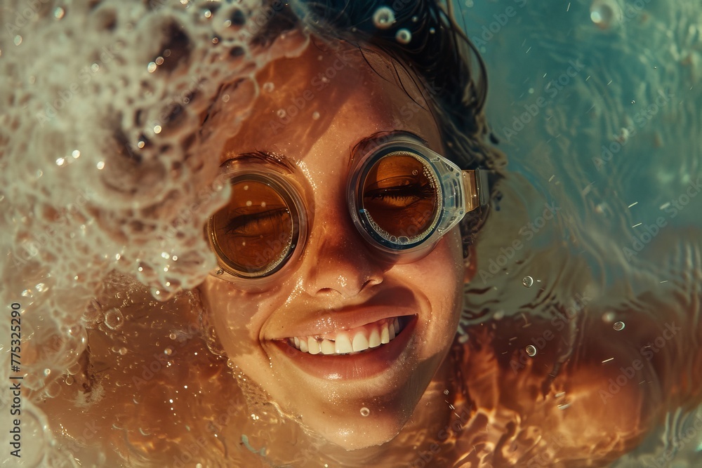 Fototapeta premium A woman's beaming smile underwater with vintage-styled goggles, bubbles around