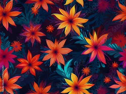 A seamless pattern of fluorescent, abstract flowers in a dynamic, energetic composition, generative AI