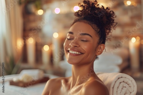 Warmly lit image with a woman smiling peacefully during her spa experience, showcasing a sense of relaxation and self-care