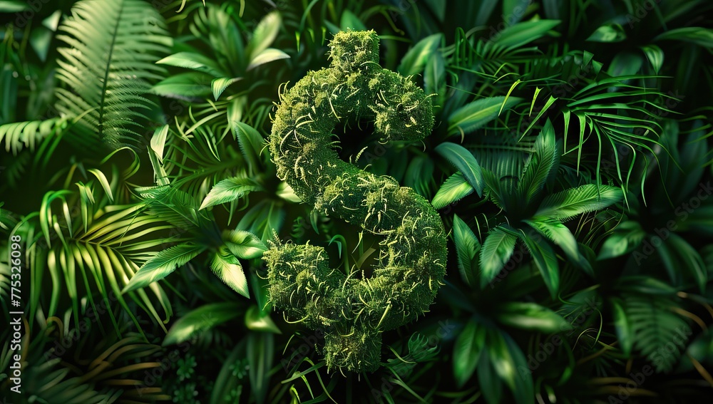 Cinematic shot of a green mossy dollar sign in the grass. AI generated illustration - obrazy, fototapety, plakaty 
