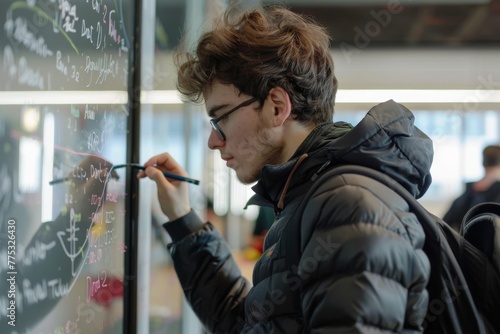 A young focused student writes on a transparent board, portraying focus and the pursuit of knowledge