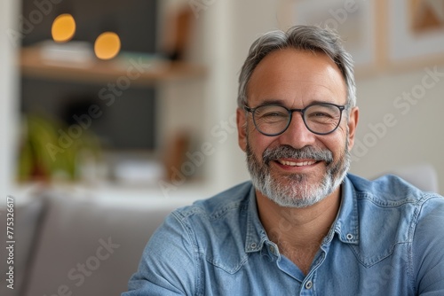 A casual, cheerful middle-aged man in a denim shirt smiling in a modern living room, conveying ease and happiness photo