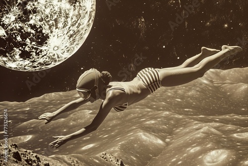 Sepia-toned image depicting a woman in a striped swimsuit as if she s swimming through the cosmos beside a moon