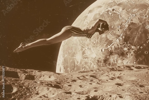 In a vintage sepia tone, an astronaut floats in zero gravity near the lunar surface, evoking a sense of exploration photo