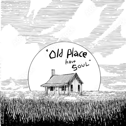 Beautiful sketch of an old farm house  with detail line art 