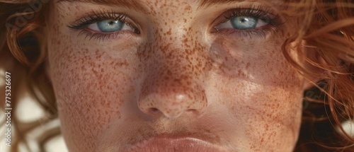   A photo capturing a woman's facial close-up featuring freckles on her face and eyes