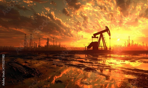 oil production rigs at sunset photo