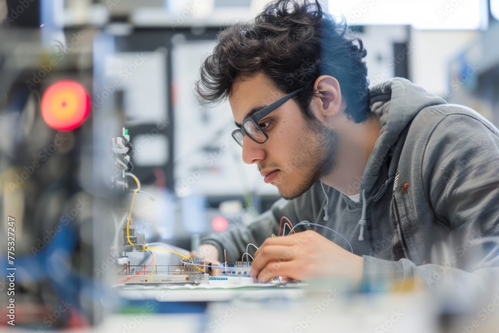 Concentrated young man in lab working on an electronics project with soldering equipment