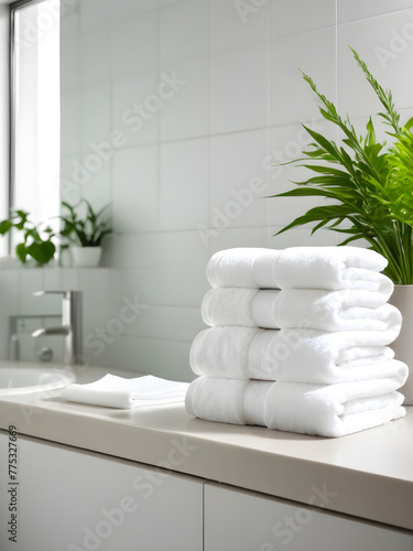 A stack of clean white towels in the hotel toilet