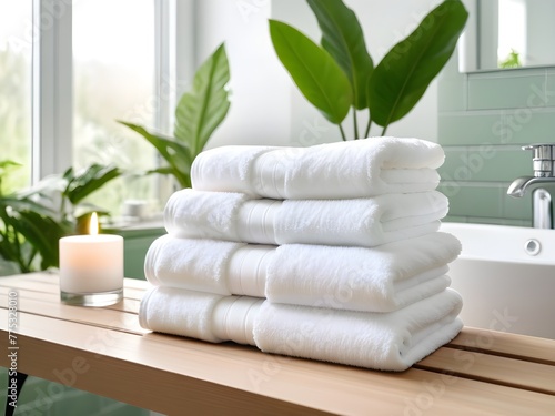 A stack of clean white towels in the hotel toilet
