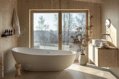 White Bathtub by Window and Sink