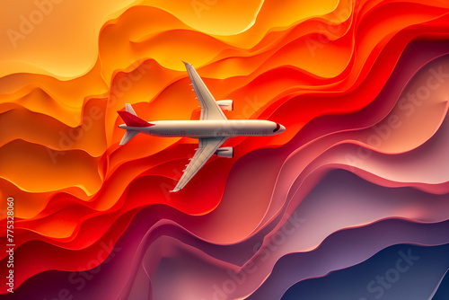 A plane flying over a wavy landscape of orange and red abstract shapes. photo