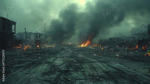 A desolate city street with a large fire in the distance. AI. photo