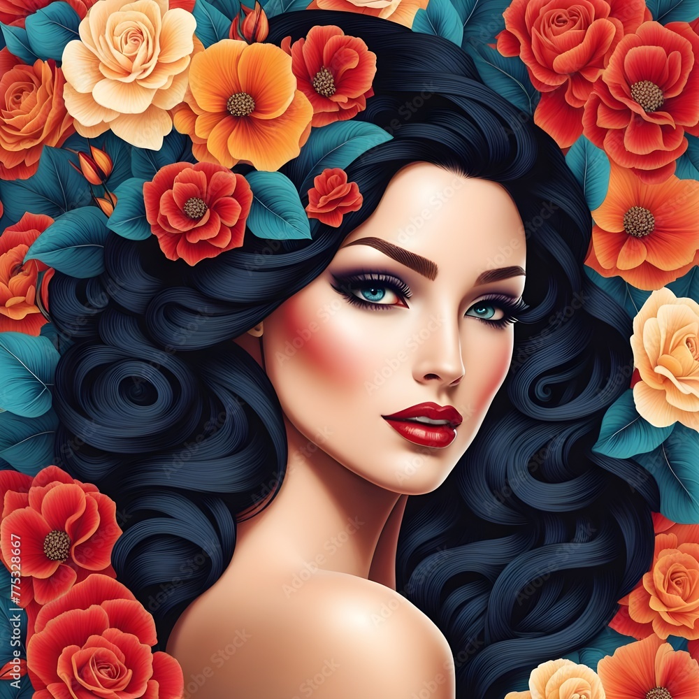 Illustration of Woman Surrounded by Orange Flowers Illustration of Woman Surrounded by Orange Flowers