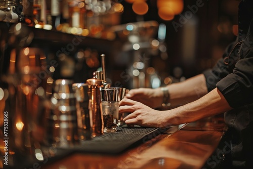 A skilled bartender is preparing a cocktail, focusing on pouring ingredients into a shaker as part of the sophisticated drink crafting process