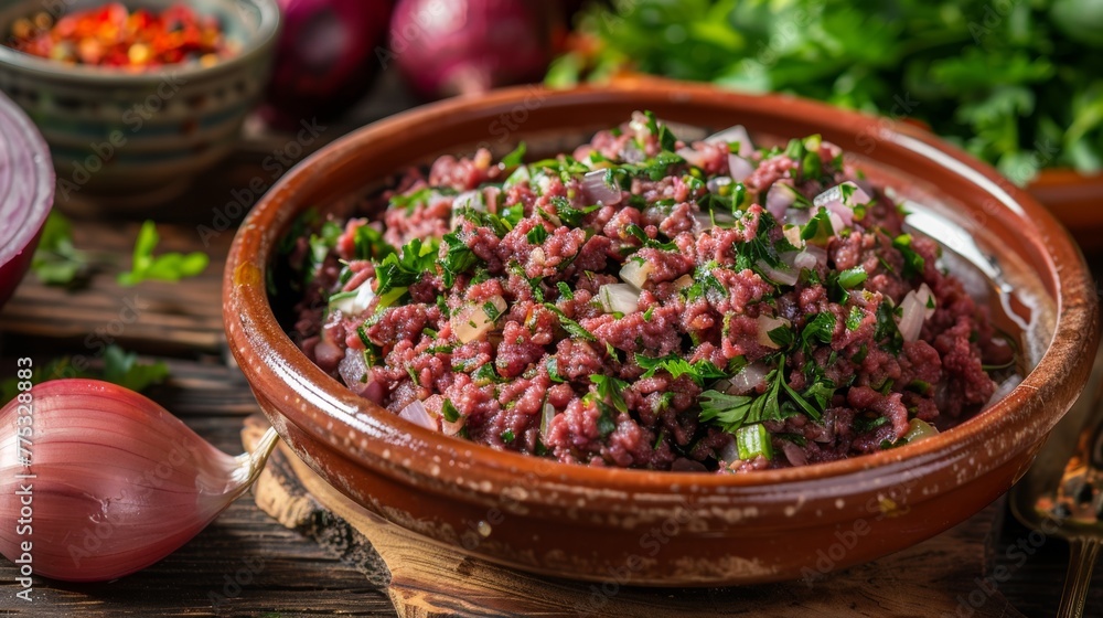 The Lebanese dish Kibbe Naye is made from raw beef or lamb mixed with bulgur, onion puree and spices.