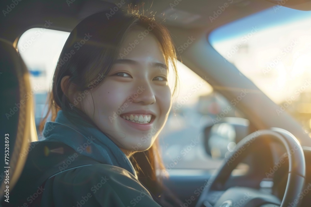 Fototapeta premium Radiant young Asian female enjoying a car drive and smiling at sunset