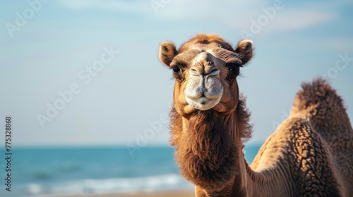 Camel portrait on the beach with bokeh effect showcasing fauna and wildlife in nature