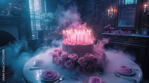 A cake with candles emits smoke, placed on a table photo