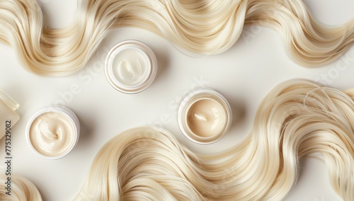 flat lay of hair care products and blonde wavy hair. AI generated illustration