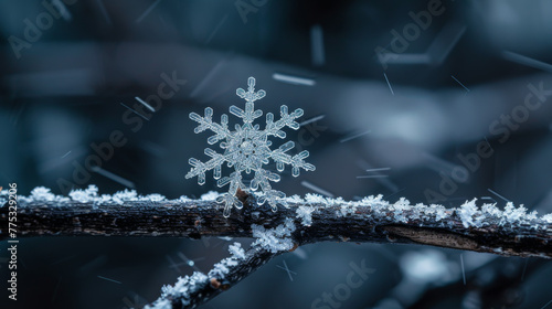 Perfect Snowflake on a Branch in Winter photo