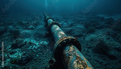 Pipeline in the blue waters of the sea. Pipeline transportation is most common way of transporting goods such as oil, natural gas or water on long distances. AI generated illustration photo