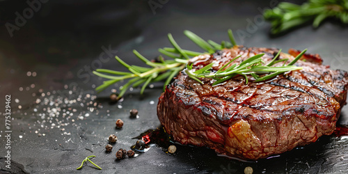 closeup juicy beef steak with rosemary on wooden surface. appetizing grilled beef with copy space, fried meat restaurant concept photo