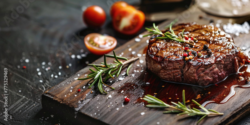 closeup juicy beef steak with rosemary and tomatoes on wooden surface. appetizing grilled beef with copy space, fried meat restaurant concept photo