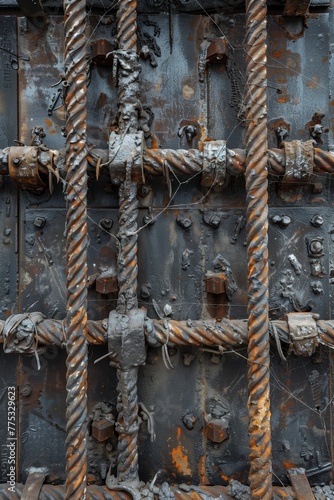Detailed image of a corroded and aged steel reinforcement structure used in construction industry