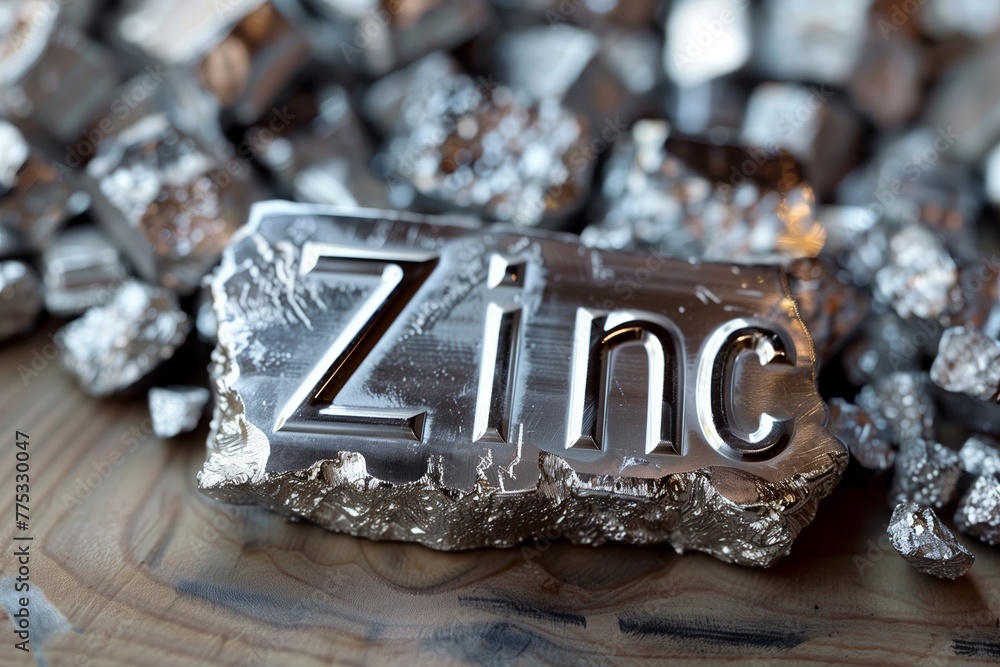 The word 'Zinc' engraved in polished metallic letters surrounded by shiny zinc pieces with a focus on branding The word 'Zinc' engraved in polished metallic letters surrounded by shiny zinc pieces with a focus on branding