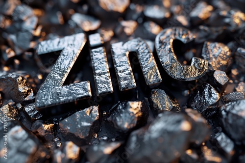 The bold text 'Zinc' among sparkling zinc mineral pieces depicting the essence of the metal industry photo