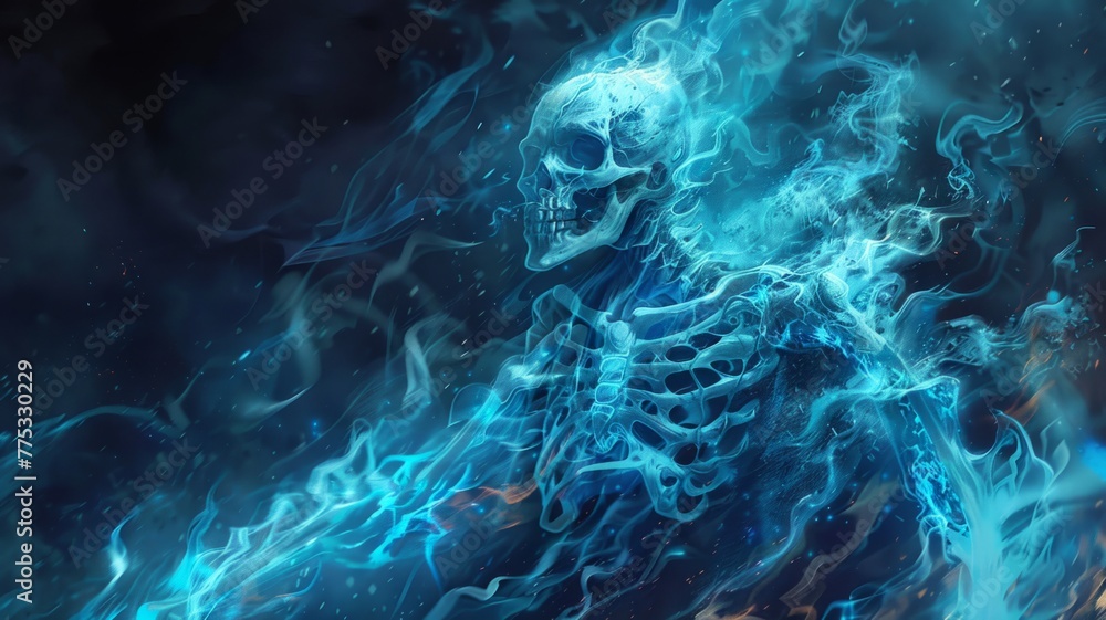 Blue ethereal skeleton with smoke effects - A ghostly digital rendering of a human skeleton in shades of blue, enveloped in mist, evokes mystery and the supernatural Blue ethereal skeleton with smoke effects - A ghostly digital rendering of a human skeleton in shades of blue, enveloped in mist, evokes mystery and the supernatural