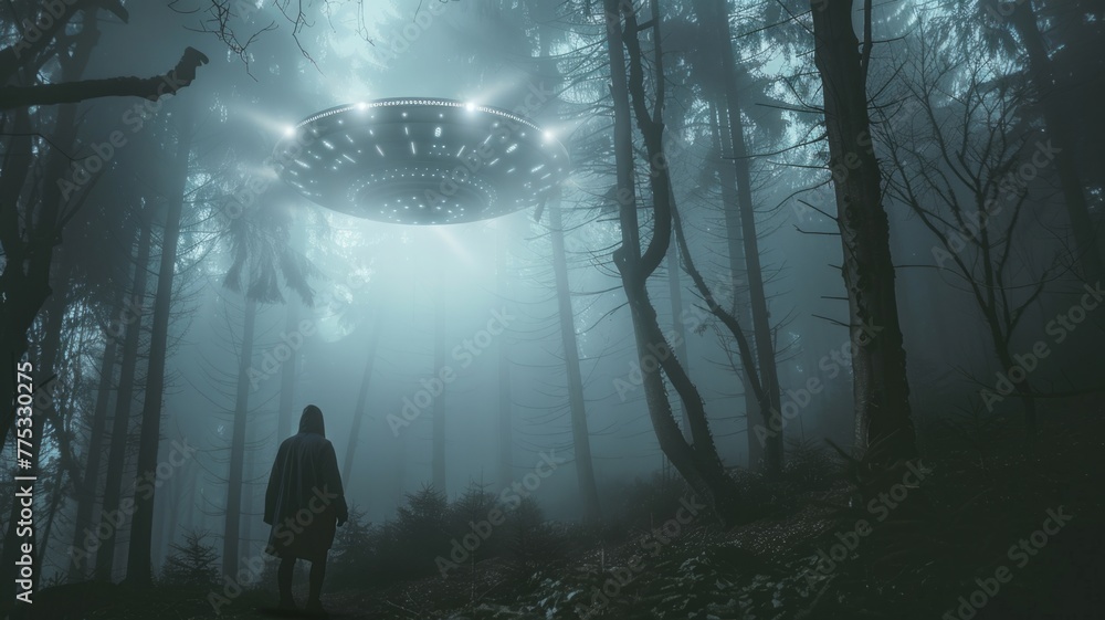 UFO encounter in misty forest setting - A person stands facing a large UFO emitting light in a foggy forest, creating a scene of intrigue and other-worldly encounter UFO encounter in misty forest setting - A person stands facing a large UFO emitting light in a foggy forest, creating a scene of intrigue and other-worldly encounter