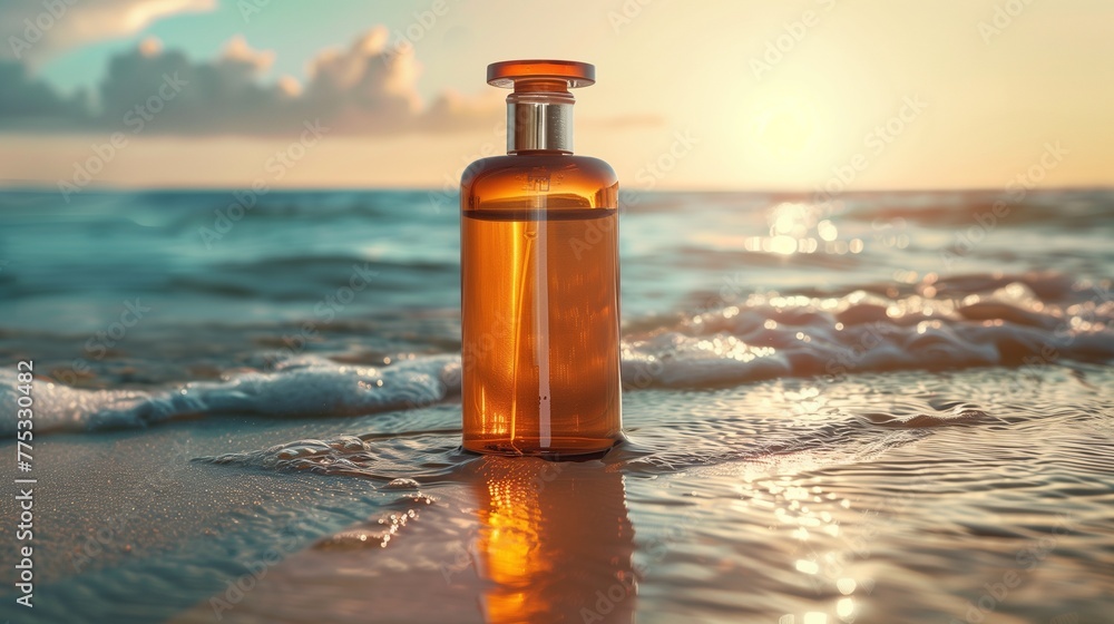 Elegant Perfume Bottle Mockup on the Seashore at Sunset with Reflection Elegant Perfume Bottle Mockup on the Seashore at Sunset with Reflection