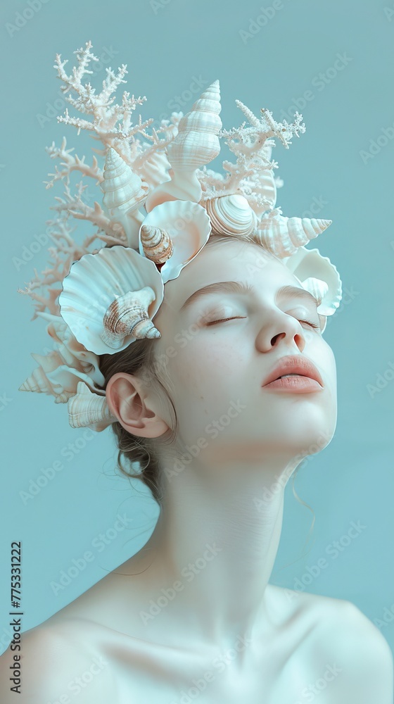 girl with a wreath of shells on her head.