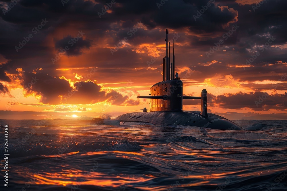 Fototapeta premium nuclear submarine surfaced at sunset